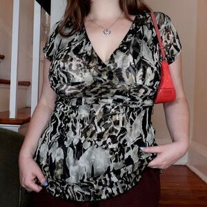 Y2K Black Beige White Abstract Mesh Top Medium Babydoll Whimsigoth Fairy Grunge